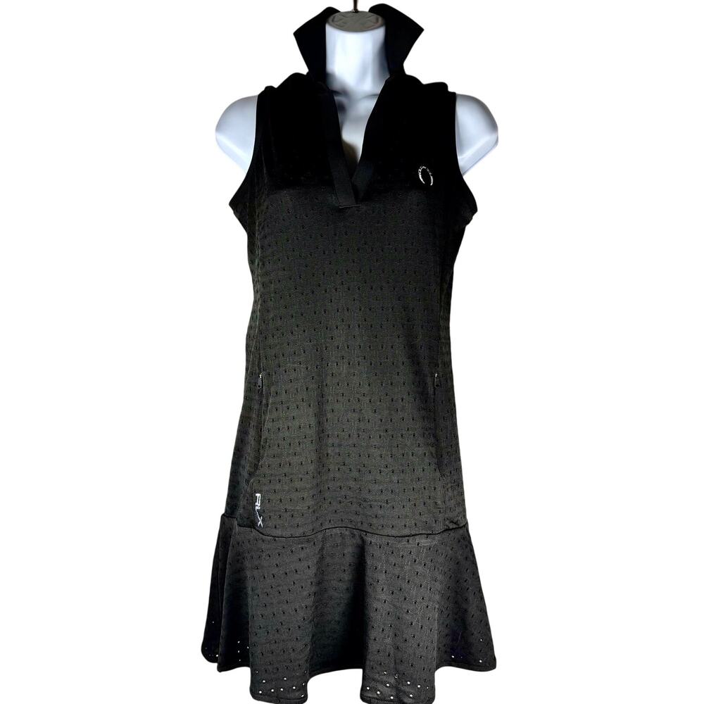 RLX Ralph Lauren V-Neck Eyelet Knit Polo Black Womens Golf Dress XS NWT $198